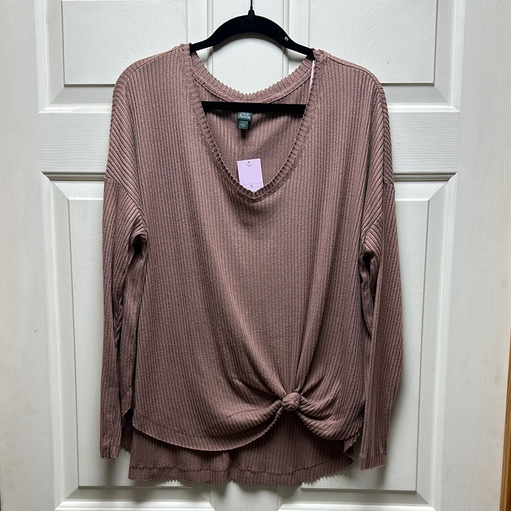 Wild Fable Pink Long Sleeve Tie Front Ribbed Blouse